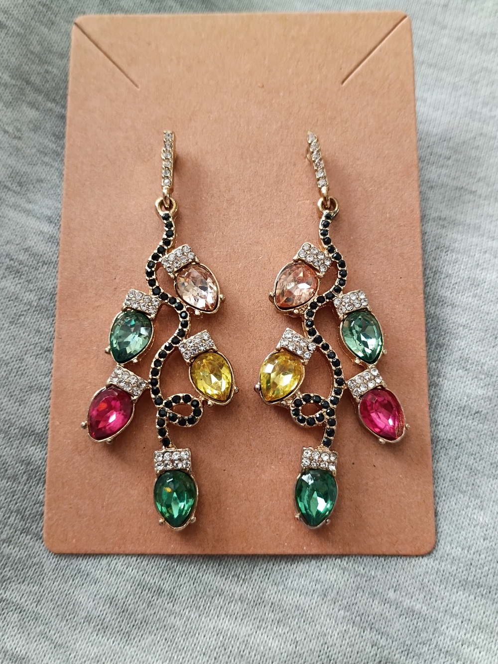 Festive Christmas Light Bulb Crystal Dangle Earrings.
